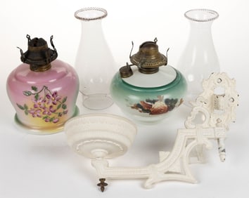 VICTORIAN DECORATED OPAL KEROSENE LAMPS, LOT OF TWO