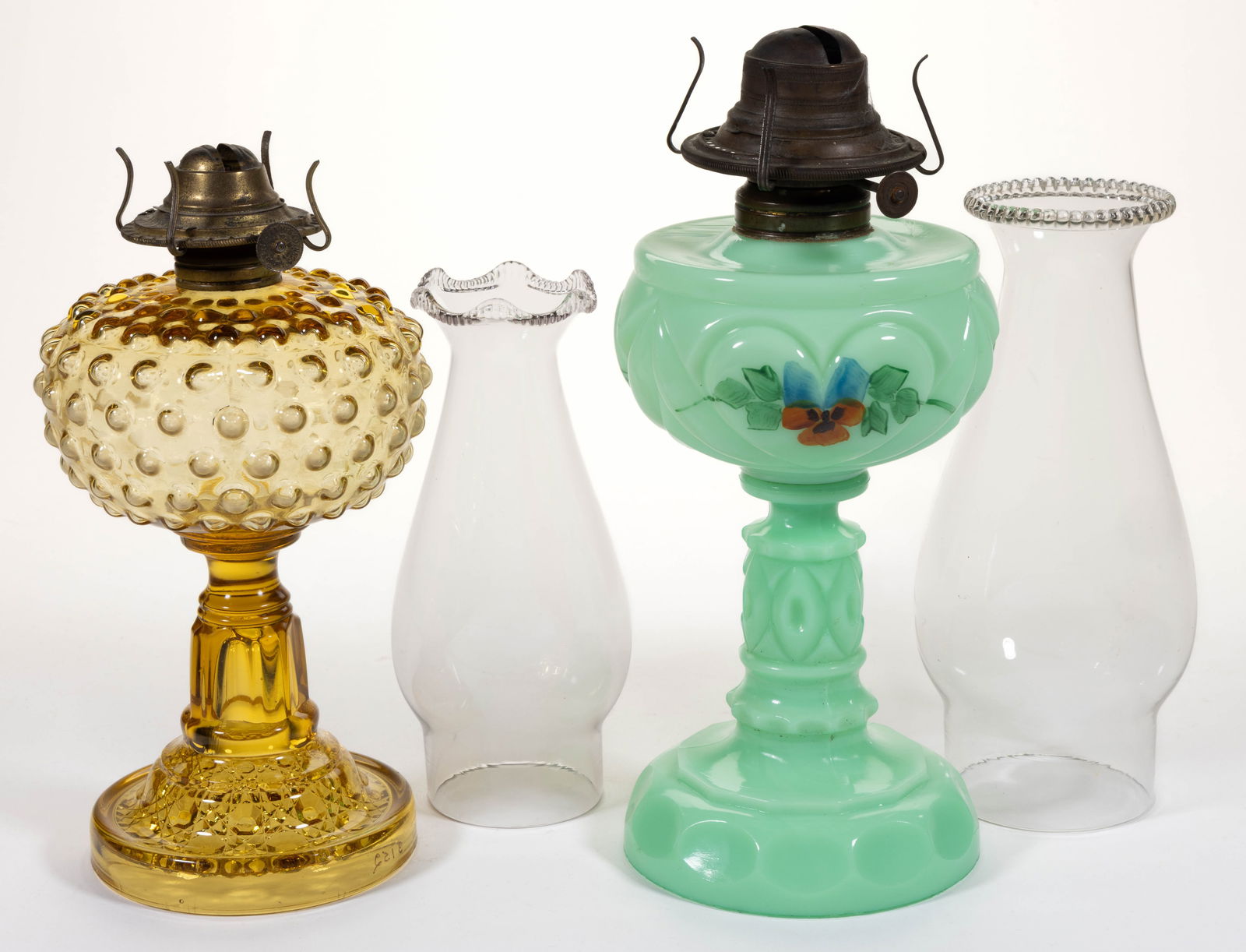 ASSORTED PATTERNED GLASS KEROSENE STAND LAMPS, LOT OF TWO (1 of 1)