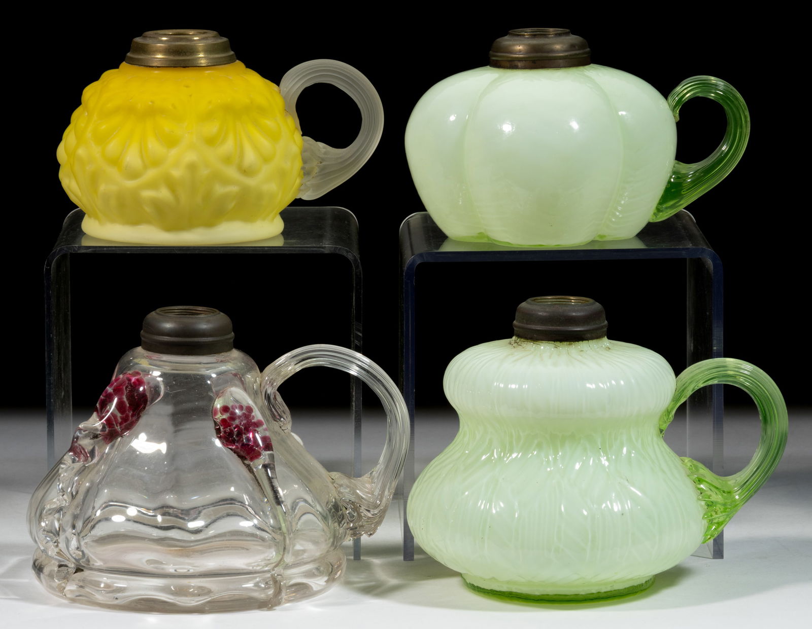 ASSORTED ART GLASS KEROSENE FINGER LAMPS, LOT OF FOUR (1 of 1)