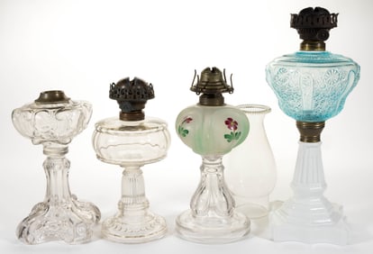 ASSORTED PATTERN GLASS KEROSENE STAND LAMPS, LOT OF FOUR