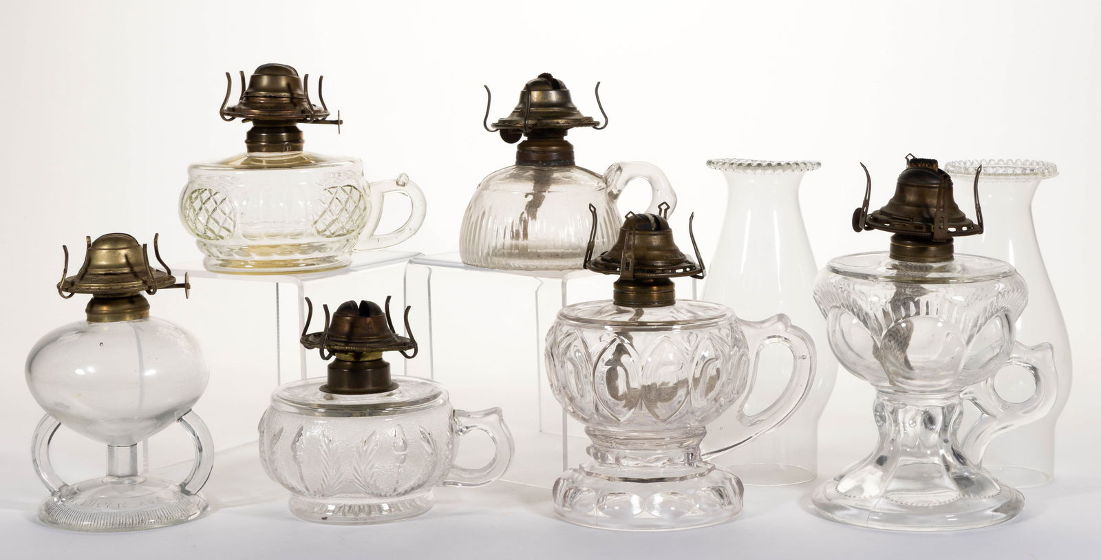 ASSORTED PATTERNED KEROSENE FINGER LAMPS, LOT OF SIX (1 of 1)