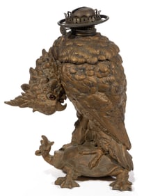 CRAIGHEAD & KINTZ COCKATOO AND TURTLE FIGURAL CAST-METAL KEROSENE VASE LAMP
