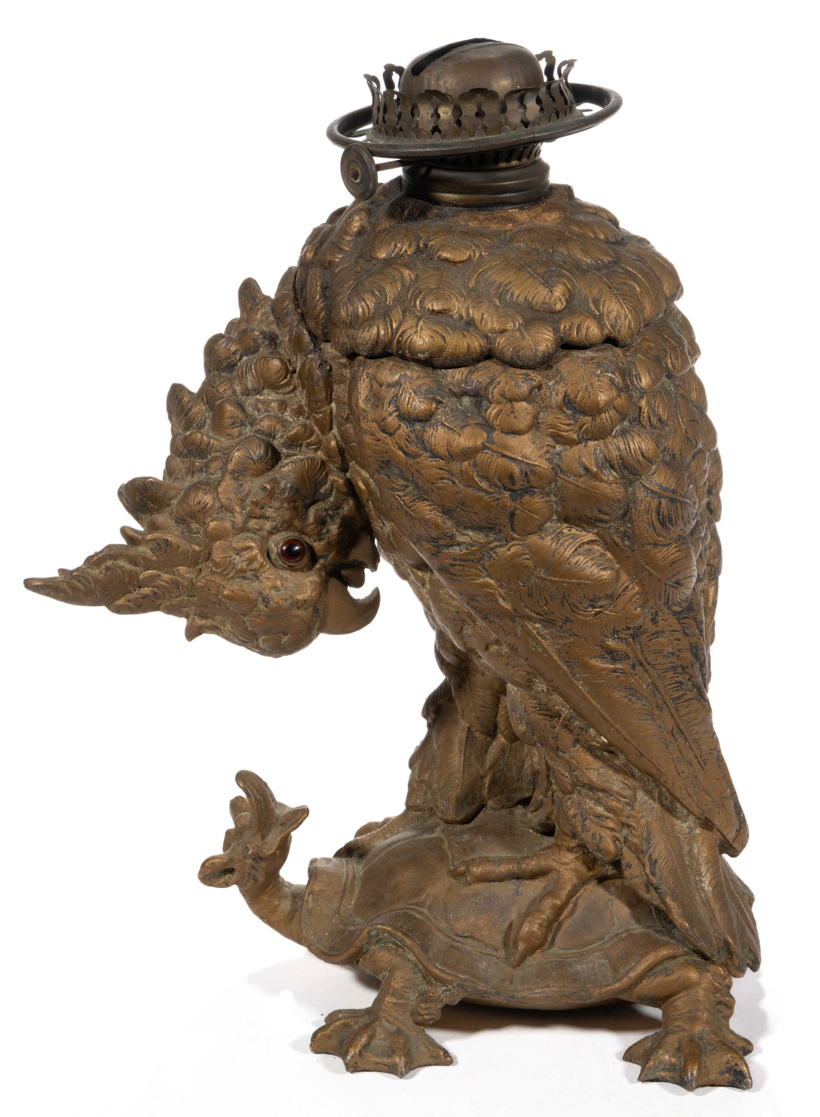 CRAIGHEAD & KINTZ COCKATOO AND TURTLE FIGURAL CAST-METAL KEROSENE VASE LAMP: CRAIGHEAD & KINTZ COCKATOO AND TURTLE FIGURAL CAST-METAL KEROSENE VASE LAMP, brass/gold finish, depicting a large cockatoo with brown glass eyes standing on a turtle with his head turned back and mout