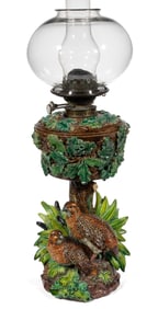 GERMAN HUGO LONITZ FIGURAL MAJOLICA KEROSENE VASE LAMP