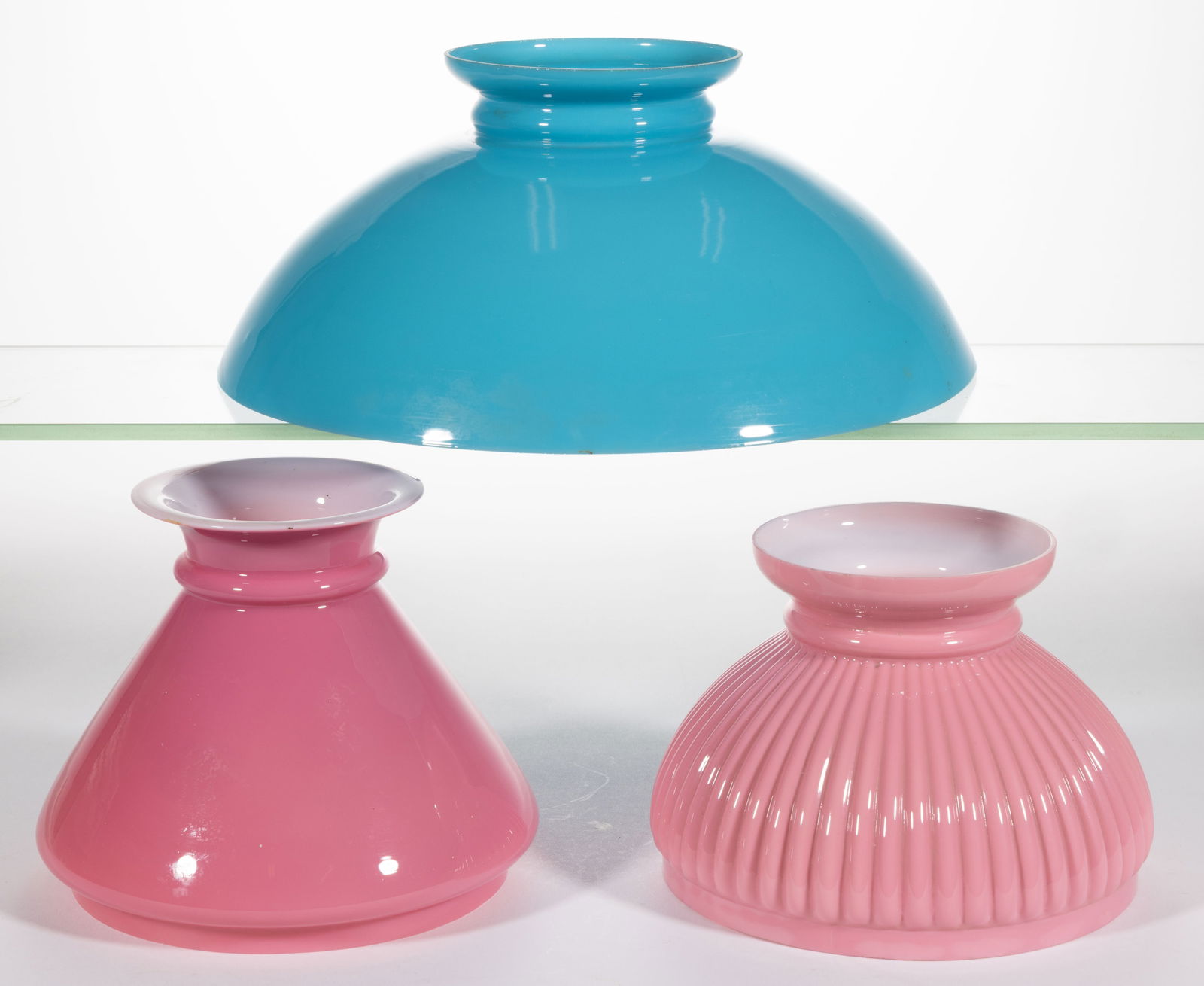 ASSORTED OPAQUE AND CASED KEROSENE LAMPS SHADES, LOT OF THREE (1 of 1)