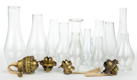 ASSORTED  BURNER AND CHIMNEY SETUPS AND CHIMNEYS, LOT OF 12