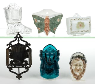 ASSORTED GLASS AND IRON WALL MATCH SAFES, LOT OF SIX