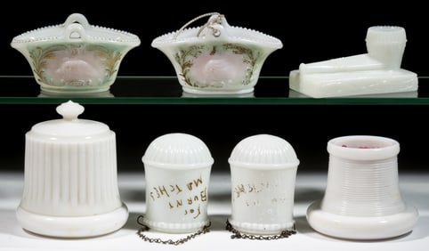 ASSORTED OPAQUE GLASS FIGURAL MATCH HOLDERS, LOT OF SEVEN