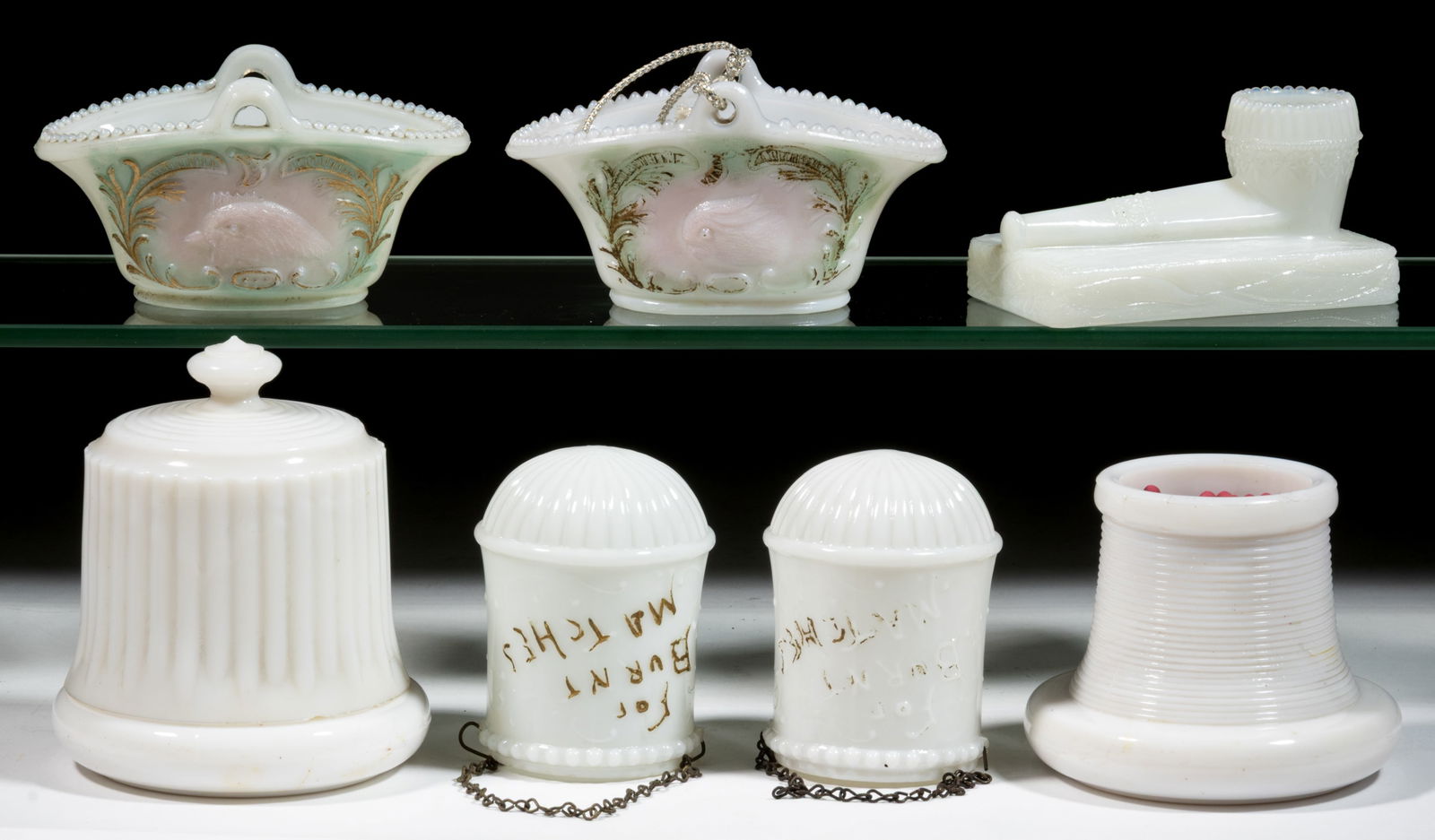 ASSORTED OPAQUE GLASS FIGURAL MATCH HOLDERS, LOT OF SEVEN (1 of 1)