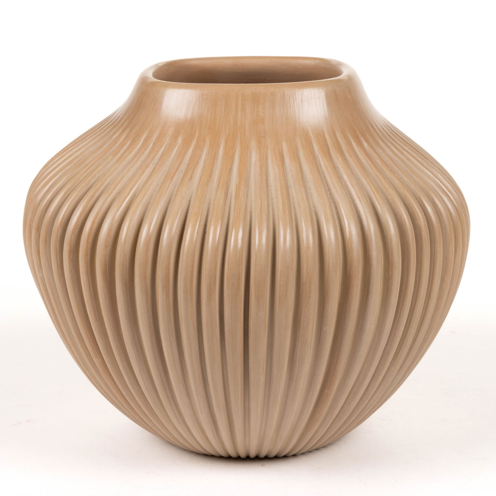 SIGNED LAURA GACHUPIN (B. 1954) NATIVE AMERICAN JEMEZ PUEBLO POTTERY MELON POT: SIGNED LAURA GACHUPIN (B. 1954) NATIVE AMERICAN JEMEZ PUEBLO POTTERY MELON POT, 64-rib melon pot with square mouth, signed to underside. Fourth quarter 20th century. 7 1/2" H. Prov