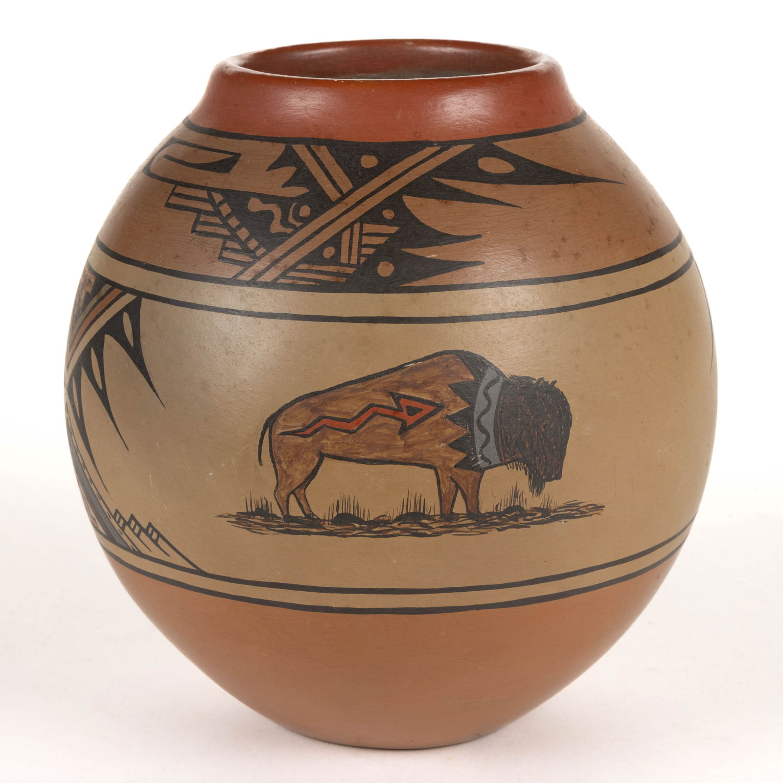 SIGNED LELA GUTIERREZ (1895-1966) AND VAN GUTIERREZ (1870-1956) NATIVE AMERICAN SANTA CLARA PUEBLO: SIGNED LELA GUTIERREZ (1895-1966) AND VAN GUTIERREZ (1870-1956) NATIVE AMERICAN SANTA CLARA PUEBLO POTTERY VASE, polychrome decoration featuring bison, signed to underside. First half 20th c