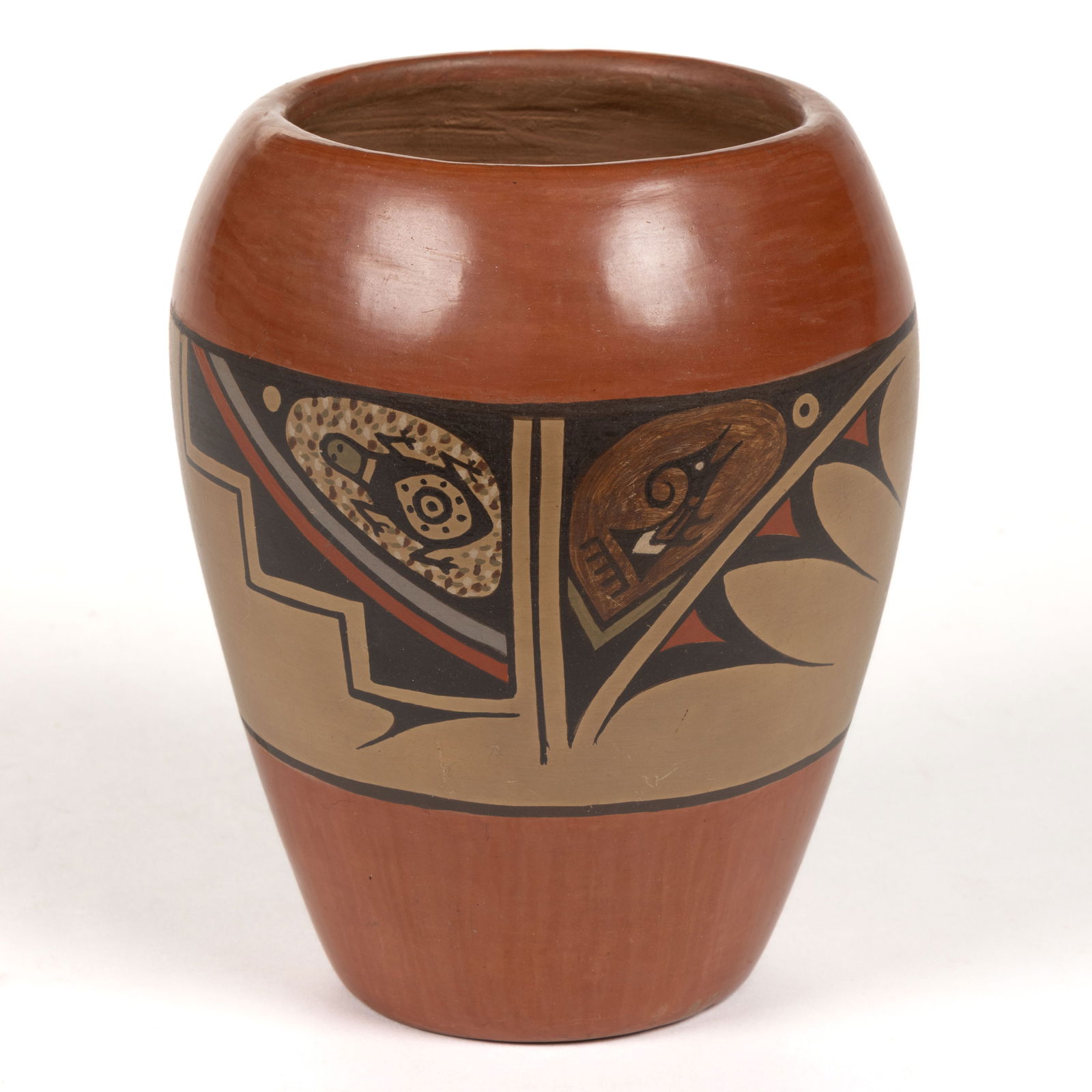 SIGNED LELA GUTIERREZ (1895-1966) AND VAN GUTIERREZ (1870-1956) NATIVE AMERICAN SANTA CLARA PUEBLO: SIGNED LELA GUTIERREZ (1895-1966) AND VAN GUTIERREZ (1870-1956) NATIVE AMERICAN SANTA CLARA PUEBLO POTTERY VASE, polychrome decoration, signed to underside. First half 20th century. 5 3/4" H