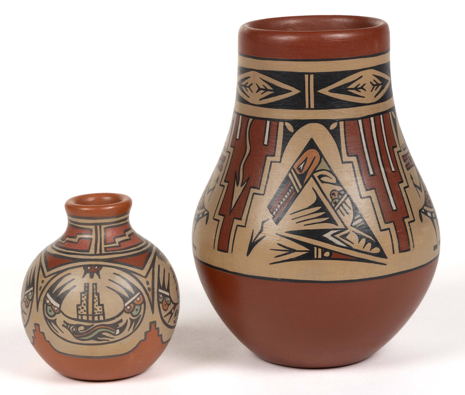 SIGNED MARGARET GUTIERREZ (1936-2018) AND LUTHER GUTIERREZ (1911-1987) NATIVE AMERICAN SANTA CLARA: SIGNED MARGARET GUTIERREZ (1936-2018) AND LUTHER GUTIERREZ (1911-1987) NATIVE AMERICAN SANTA CLARA PUEBLO POTTERY JARS, LOT OF TWO, each featuring polychrome hand-painted decoration, comprising a