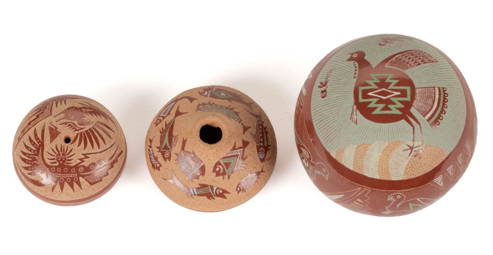 SIGNED JOSEPH LONEWOLF (1932-2014) NATIVE AMERICAN SANTA CLARA PUEBLO POTTERY JARS, LOT OF THREE (1 of 3)