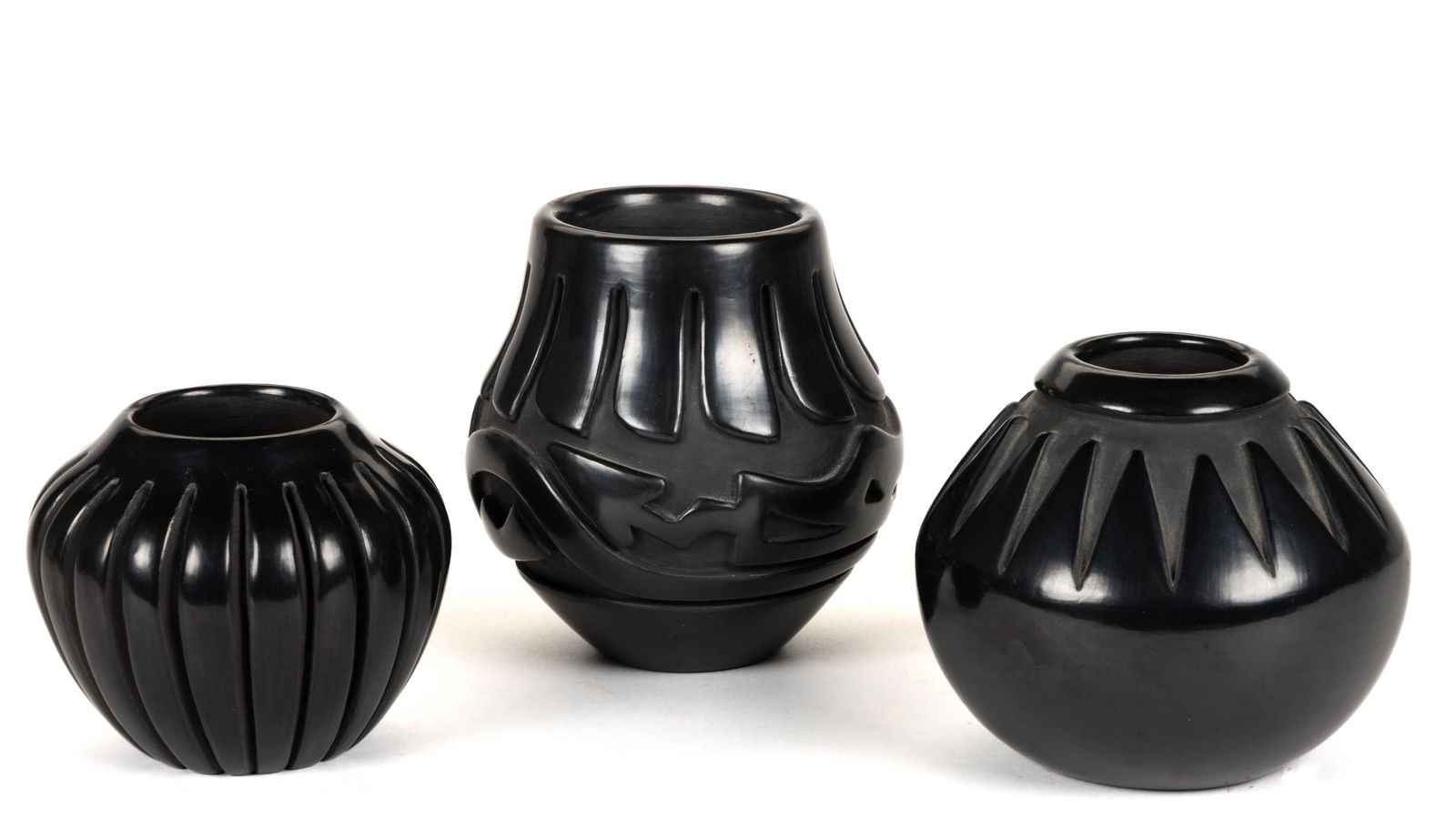 SIGNED NATIVE AMERICAN SANTA CLARA PUEBLO BLACKWARE POTTERY JARS, LOT OF THREE (1 of 3)