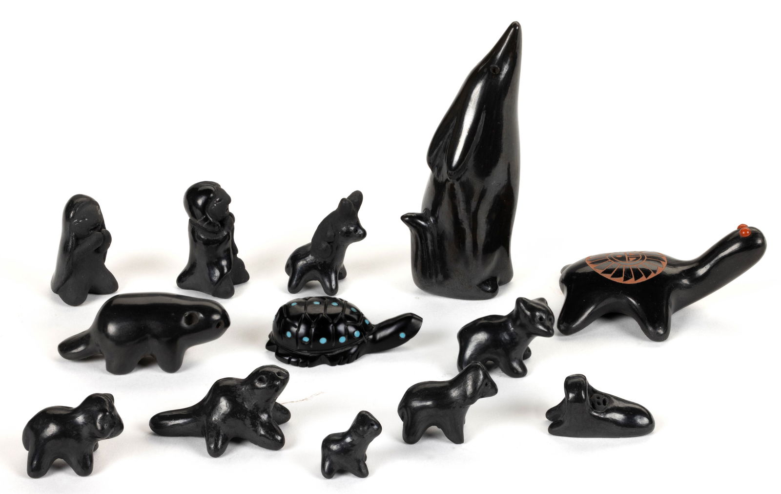 NATIVE AMERICAN BLACKWARE POTTERY MINIATURE FIGURINES, LOT OF 13 (1 of 2)