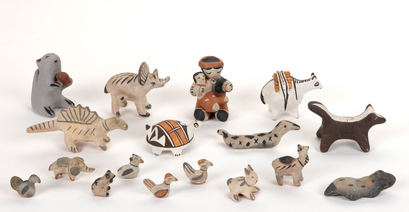 NATIVE AMERICAN PUEBLO POTTERY MINIATURE FIGURINES, LOT OF 17 (1 of 2)