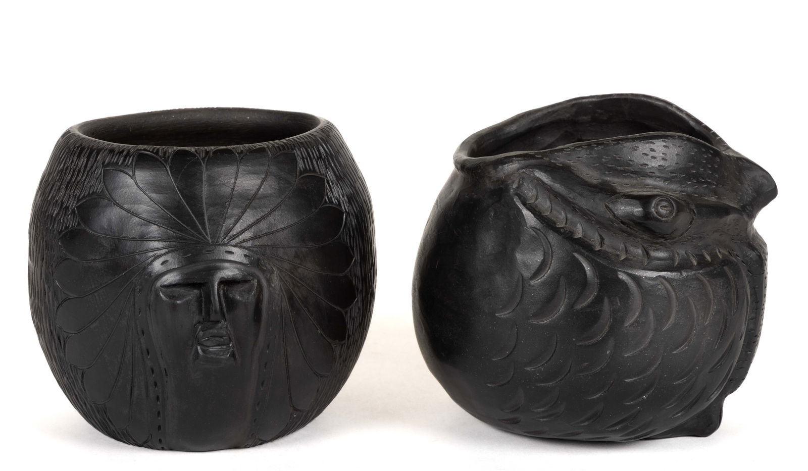 SIGNED BIGMEAT FAMILY NATIVE AMERICAN CHEROKEE BLACKWARE POTTERY POTS, LOT OF TWO (1 of 5)