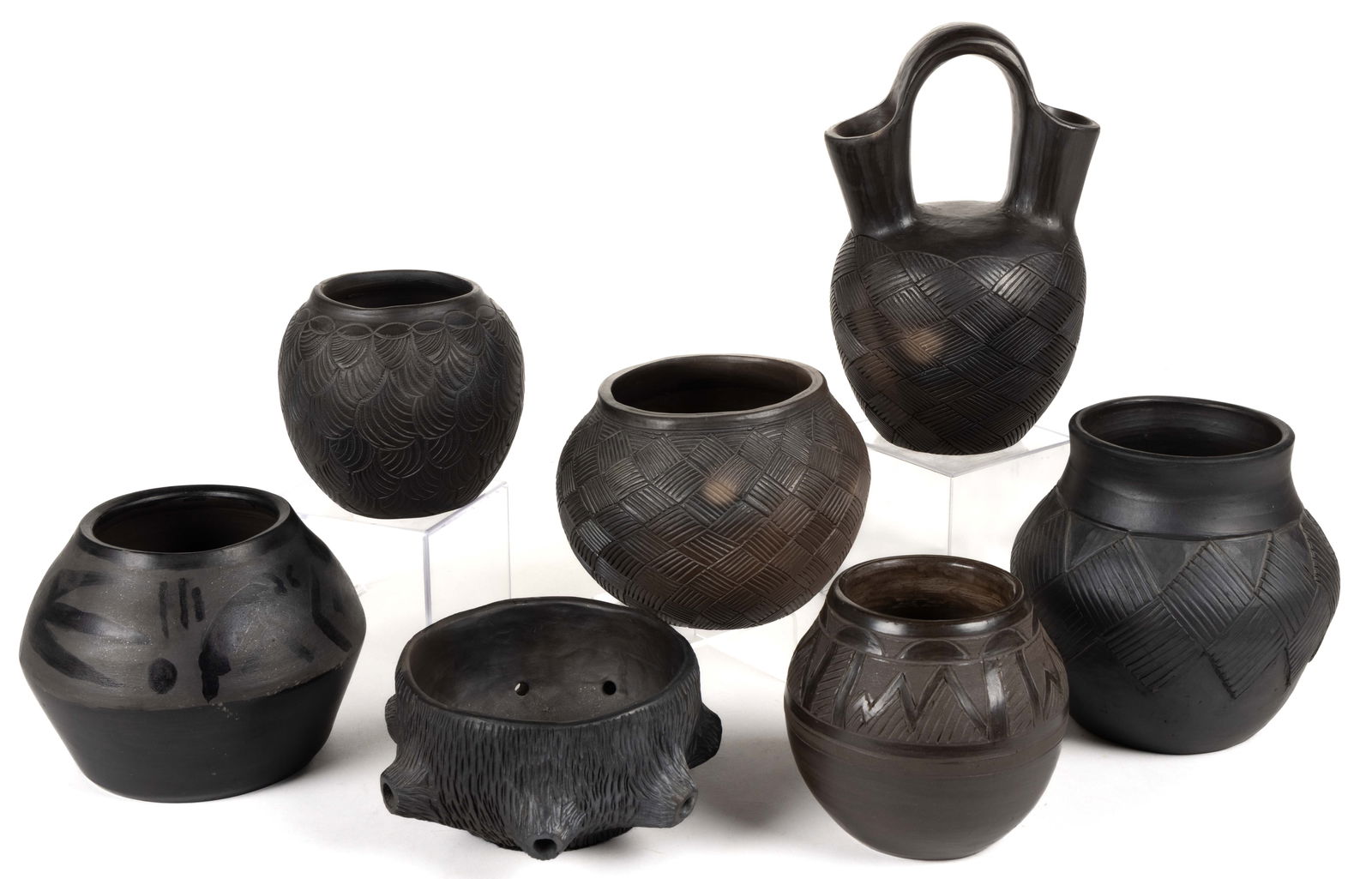 SIGNED NATIVE AMERICAN CHEROKEE BLACKWARE POTTERY VESSELS, LOT OF SEVEN (1 of 1)