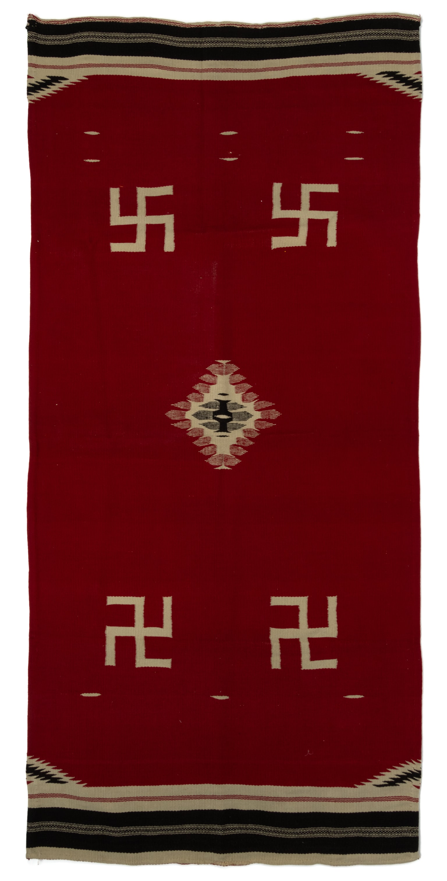 CHIMAYO / MEXICAN SOUTHWESTERN WOOL BLANKET / RUG: CHIMAYO / MEXICAN SOUTHWESTERN WOOL BLANKET / RUG, colors comprising red, white, and black, featuring a central diamond-form motif flanked by a total of four whirling log motifs, each end with striped