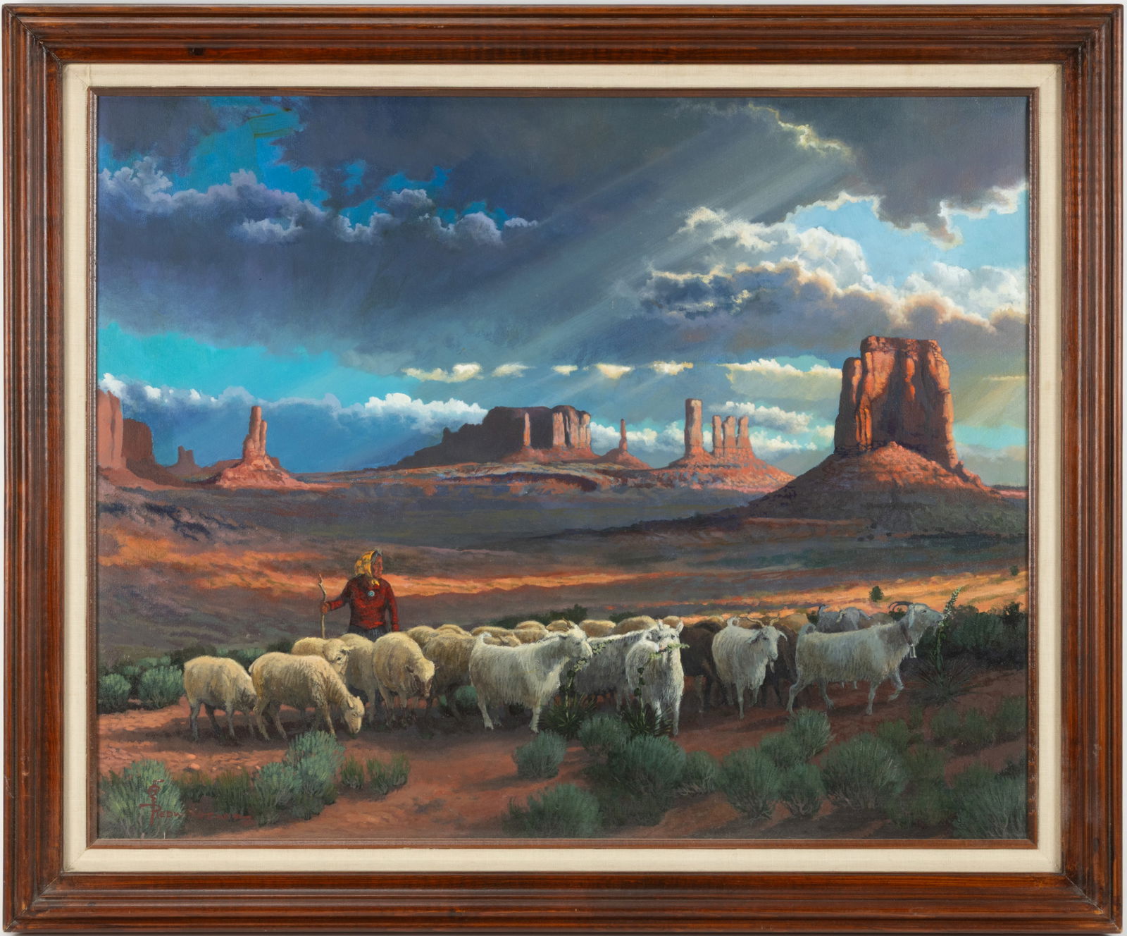 REDWING NEZ (NAVAJO, B.1960) NATIVE AMERICAN SHEPHERDESS PAINTING: REDWING NEZ (NAVAJO, B.1960) NATIVE AMERICAN SHEPHERDESS PAINTING, oil on canvas, shepherdess with herd in front of desert landscape. Signed and dated in the lower left. House in a modern frame. Dated