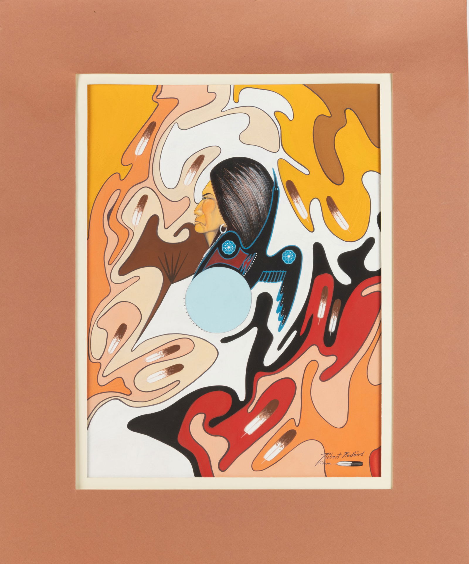 ROBERT REDBIRD (KIOWA, 1939-2016) NATIVE AMERICAN PEYOTE SONG: ROBERT REDBIRD (KIOWA, 1939-2016) NATIVE AMERICAN PEYOTE SONG, gouache on paper, depicting a spiritual ritual involving peyote. Signed in the lower right corner, "Robert Redbird, Kiowa"; tit