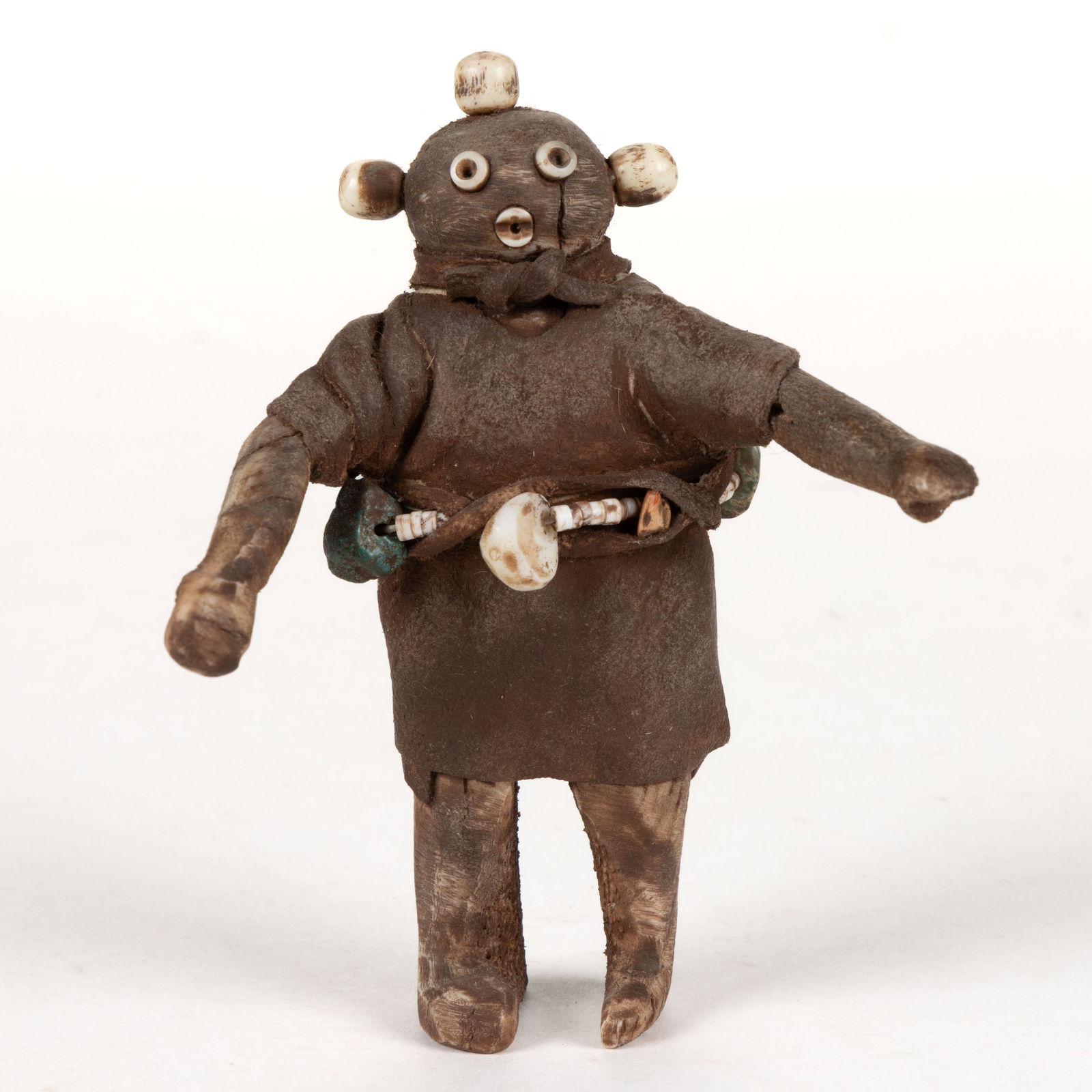 TEDDY WEAHKEE (ZUNI, 1890-1965), ATTRIBUTED, NATIVE AMERICAN BONE CARVED MUDHEAD KACHINA DOLL (1 of 4)