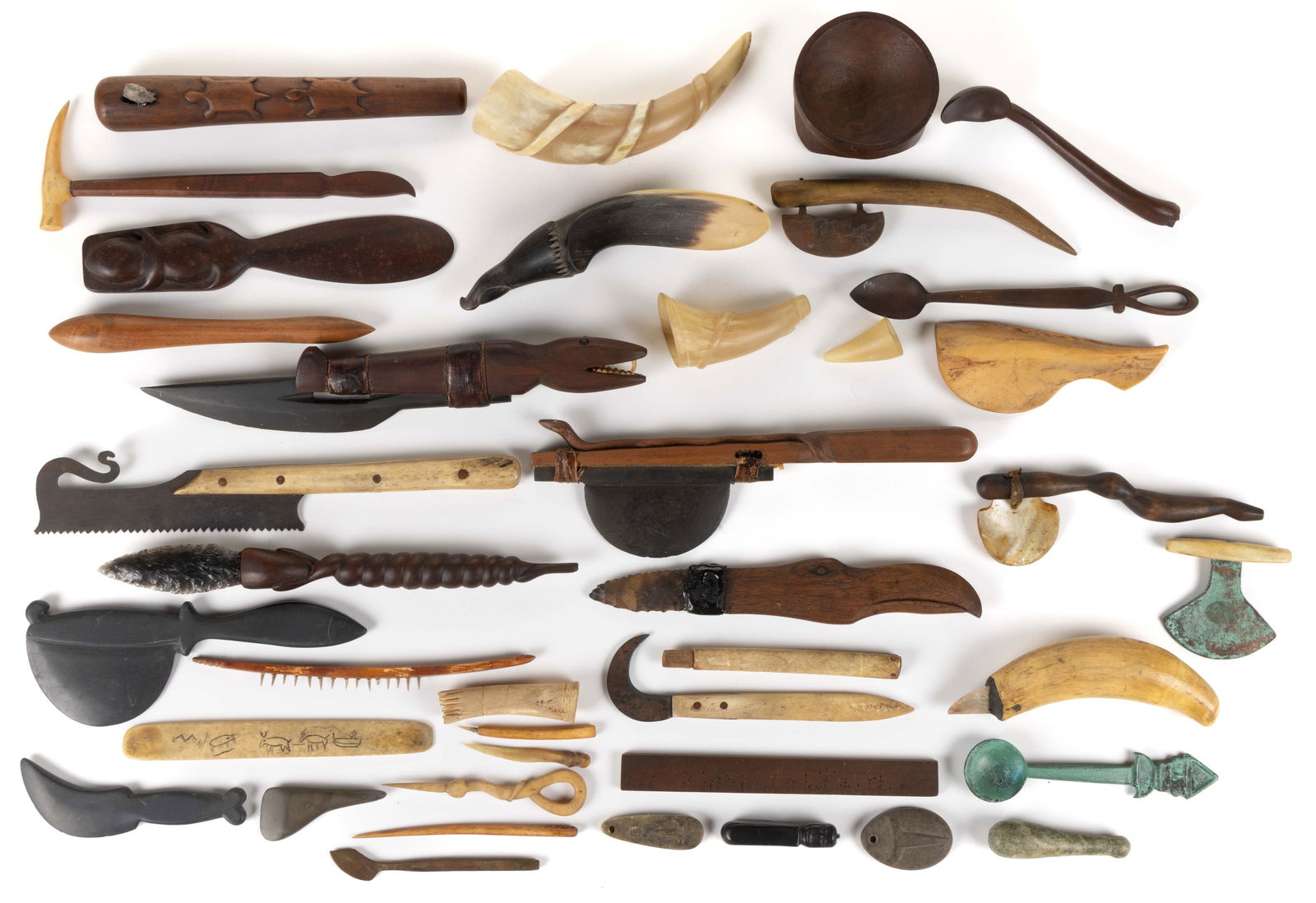 NATIVE AMERICAN STONE, BONE, AND WOOD TOOLS AND OTHER, LOT OF 40 (1 of 5)