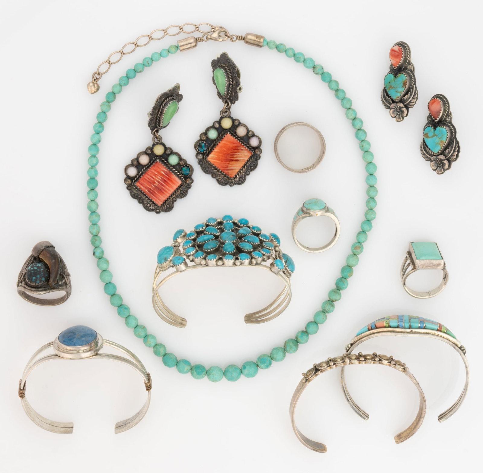 VINTAGE / CONTEMPORARY SOUTHWESTERN NATIVE AMERICAN-STYLE STERLING SILVER JEWELRY, LOT OF 13 PIECES (1 of 2)