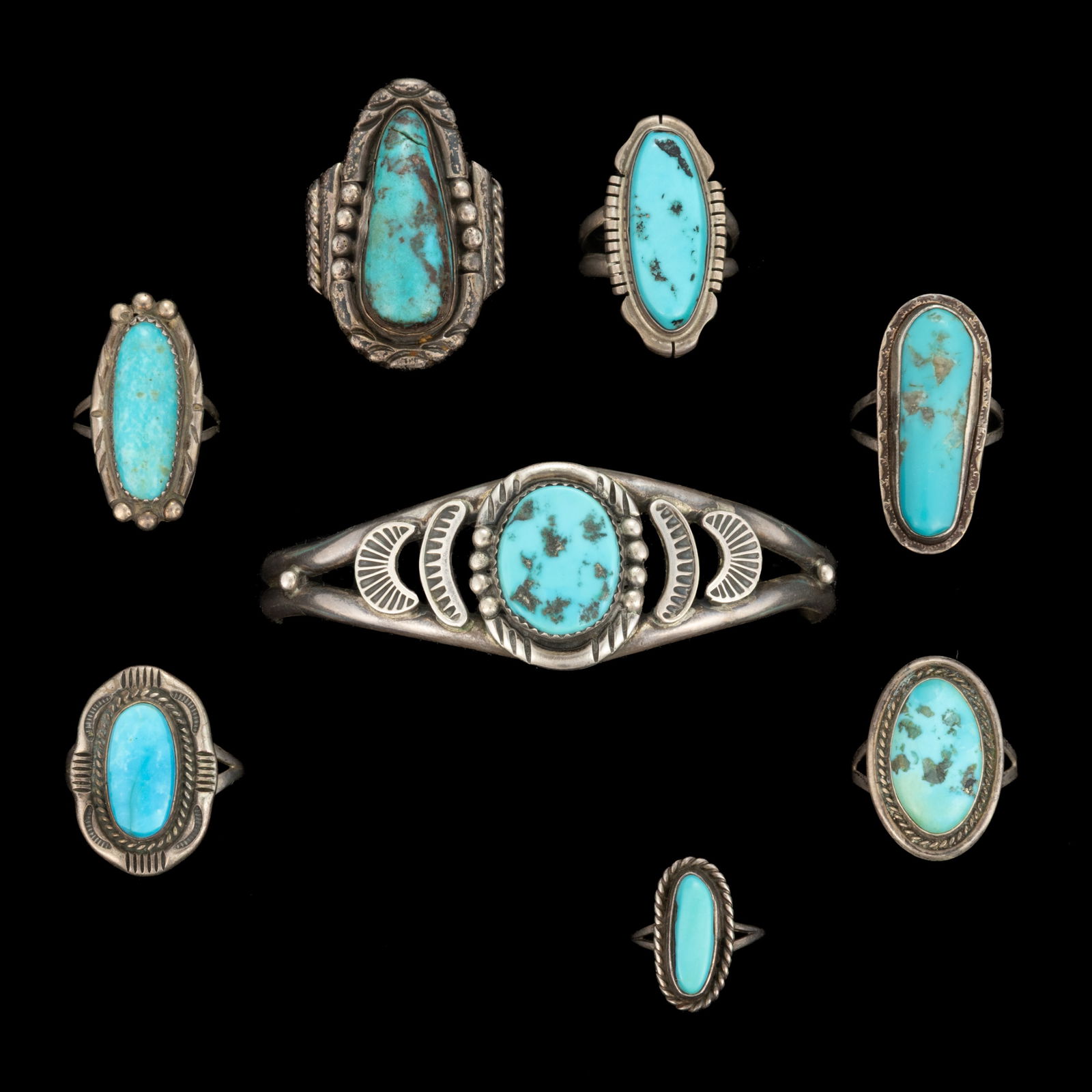 NATIVE AMERICAN / SOUTHWESTERN-STYLE STERLING / SILVER RINGS AND CUFF BRACELET, LOT OF EIGHT (1 of 1)