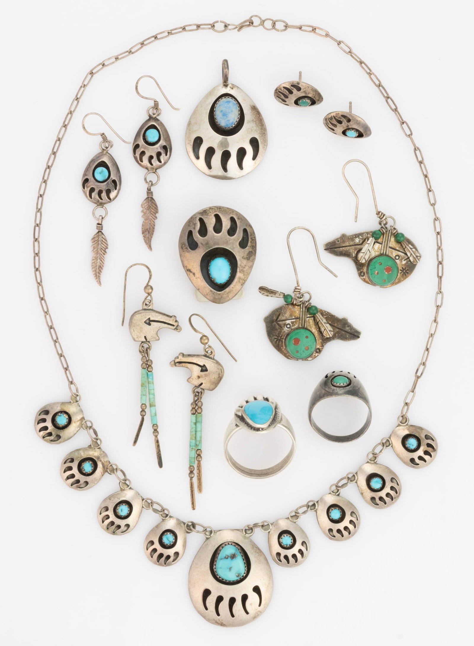 NATIVE AMERICAN NAVAJO AND SOUTHWESTERN-STYLE STERLING / SILVER BEAR-THEMED JEWELRY, LOT OF 13 (1 of 2)