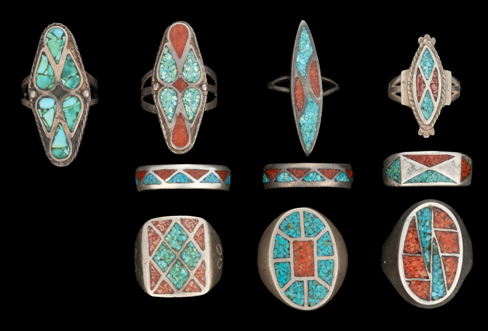 NATIVE AMERICAN / SOUTHWESTERN-STYLE SILVER AND CHIP INLAY RINGS, LOT OF TEN (1 of 1)