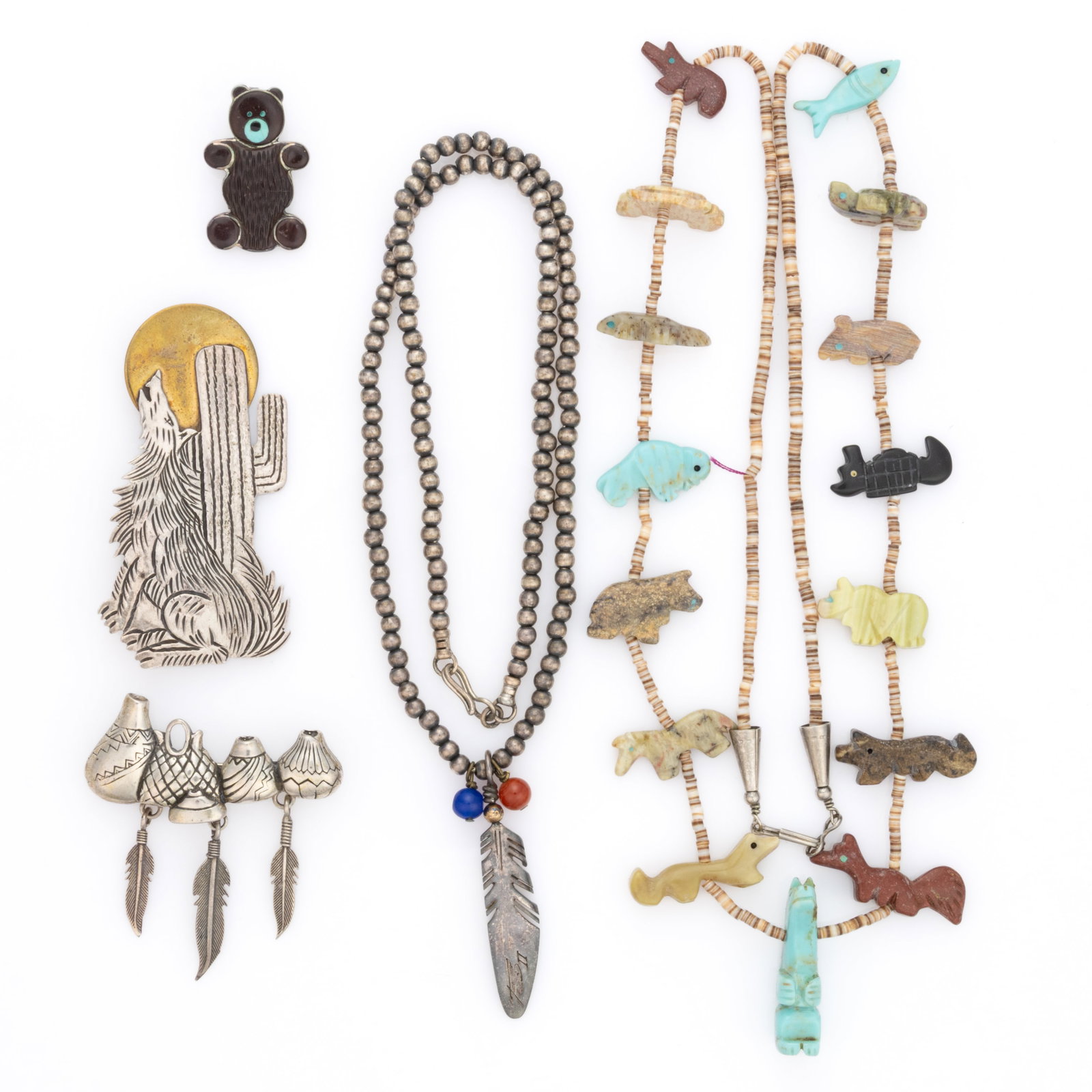 NATIVE AMERICAN, AND POSSIBLY OTHER, FIGURAL SILVER / SILVER-ACCENTED JEWELRY, LOT OF FIVE (1 of 1)