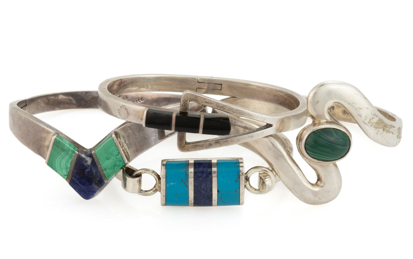 VINTAGE / CONTEMPORARY MEXICAN MODERN STERLING SILVER AND STONE / OTHER BANGLE BRACELETS, LOT OF (1 of 2)