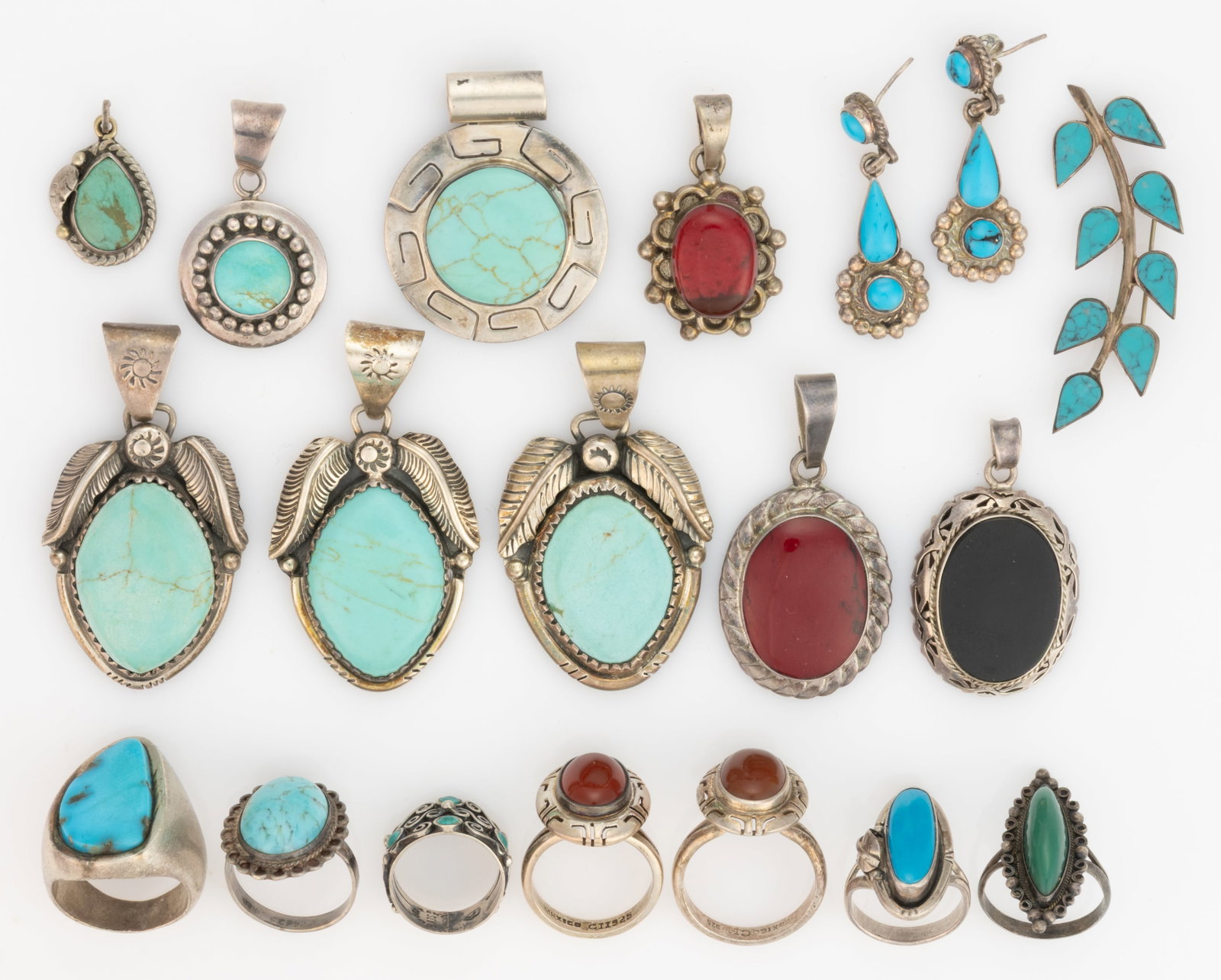VINTAGE / CONTEMPORARY MEXICAN, AND POSSIBLY OTHER, SOUTHWESTERN-STYLE STERLING SILVER JEWELRY, LOT: VINTAGE / CONTEMPORARY MEXICAN, AND POSSIBLY OTHER, SOUTHWESTERN-STYLE STERLING SILVER JEWELRY, LOT OF 19 PIECES, each piece set with one or more stones or other materials featuring many pieces with t