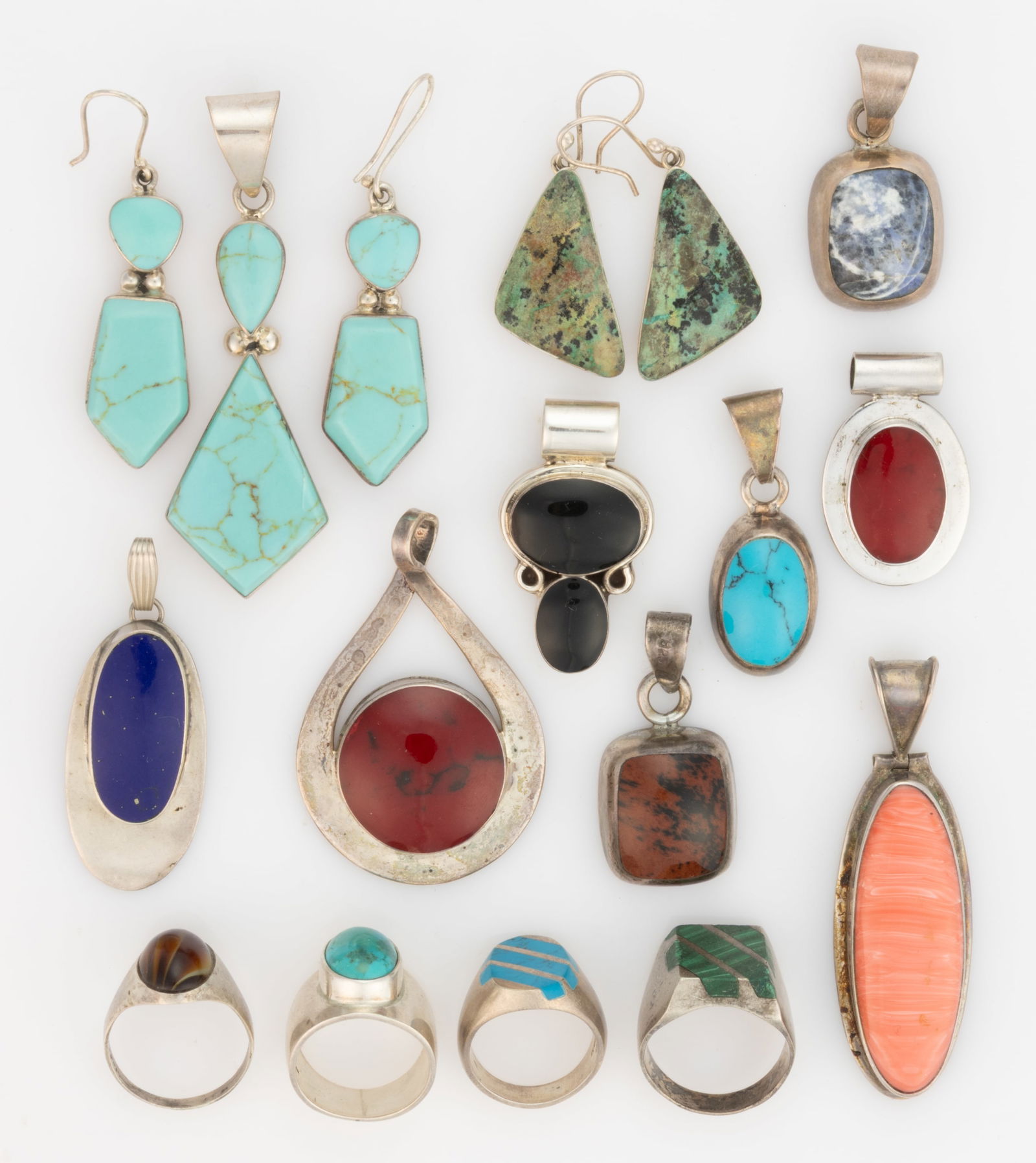 VINTAGE / CONTEMPORARY MEXICAN STERLING SILVER AND STONE / OTHER JEWELRY, LOT OF 16 PIECES (1 of 2)