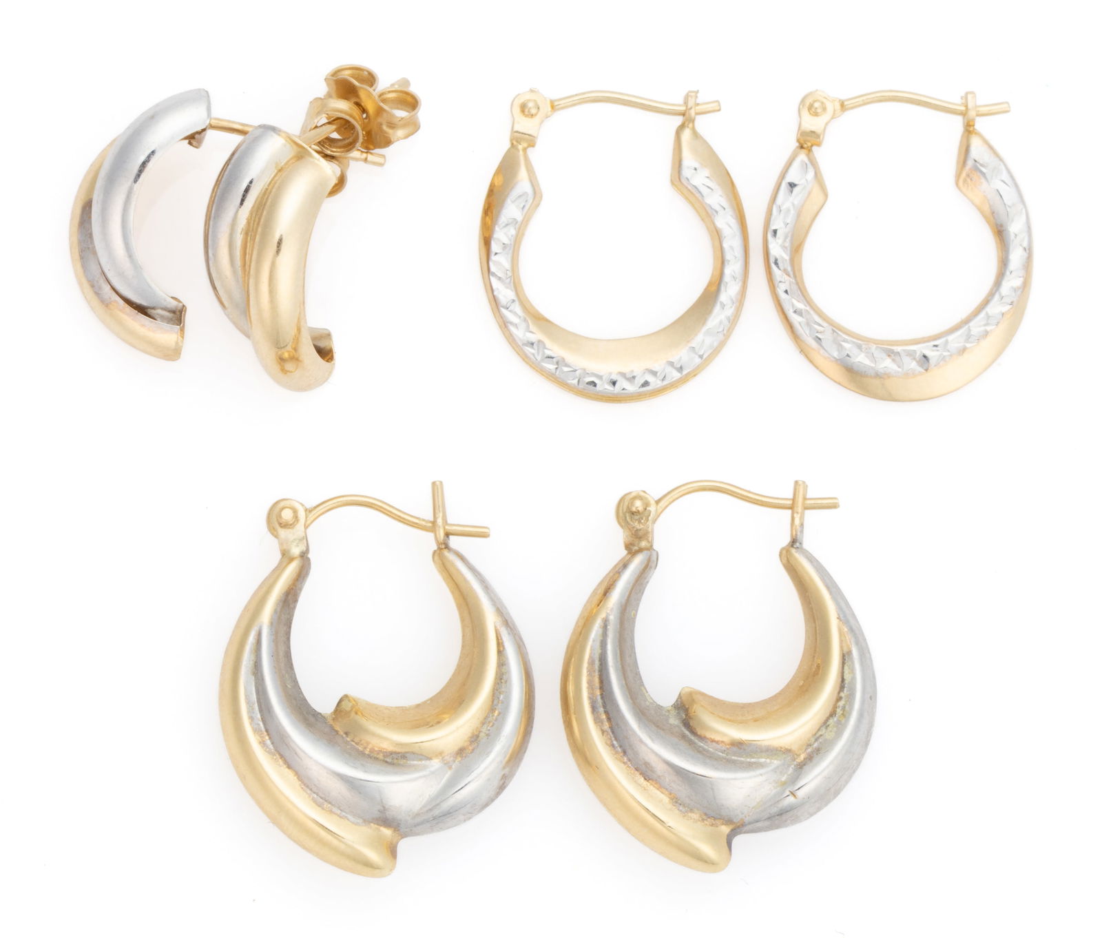 VINTAGE / CONTEMPORARY 14K TWO-TONED GOLD EARRINGS, LOT OF THREE PAIRS: VINTAGE / CONTEMPORARY 14K TWO-TONED GOLD EARRINGS, LOT OF THREE PAIRS, each yellow and white gold, comprising two pairs of hollow hoops consisting the wider pair with "GCJ" mark p