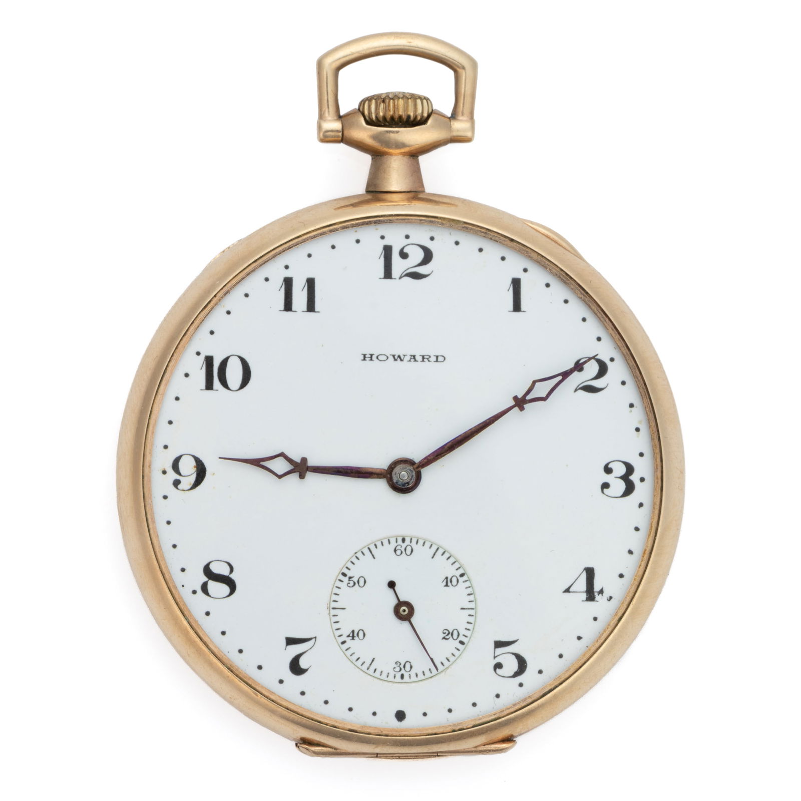 E. HOWARD 17-JEWEL MODEL 1912 POCKET WATCH WITH ORIGINAL BOX: E. HOWARD 17-JEWEL MODEL 1912 POCKET WATCH WITH ORIGINAL BOX, Series 7, pendant-set movement, serial number 1231216, having a white enamel dial with Arabic chapter ring, sunk seconds subsidiary, and b