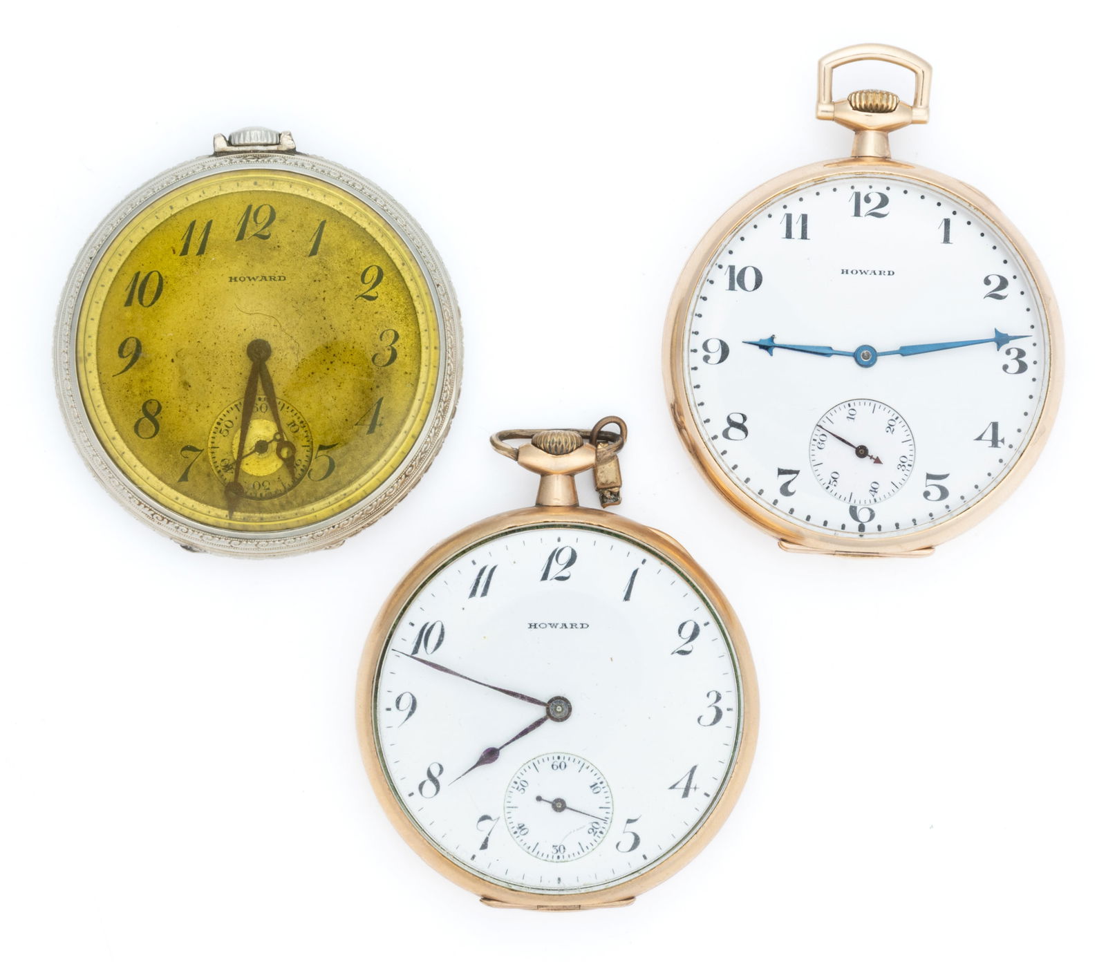 E. HOWARD 17-JEWEL MODEL 1912 POCKET WATCHES AND PRESENTATION BOXES, LOT OF FIVE: E. HOWARD 17-JEWEL MODEL 1912 POCKET WATCHES AND PRESENTATION BOXES, LOT OF FIVE, each with Series 7, pendant-set movement, having a white enamel or metallic dial with Arabic chapter ring, sunk s