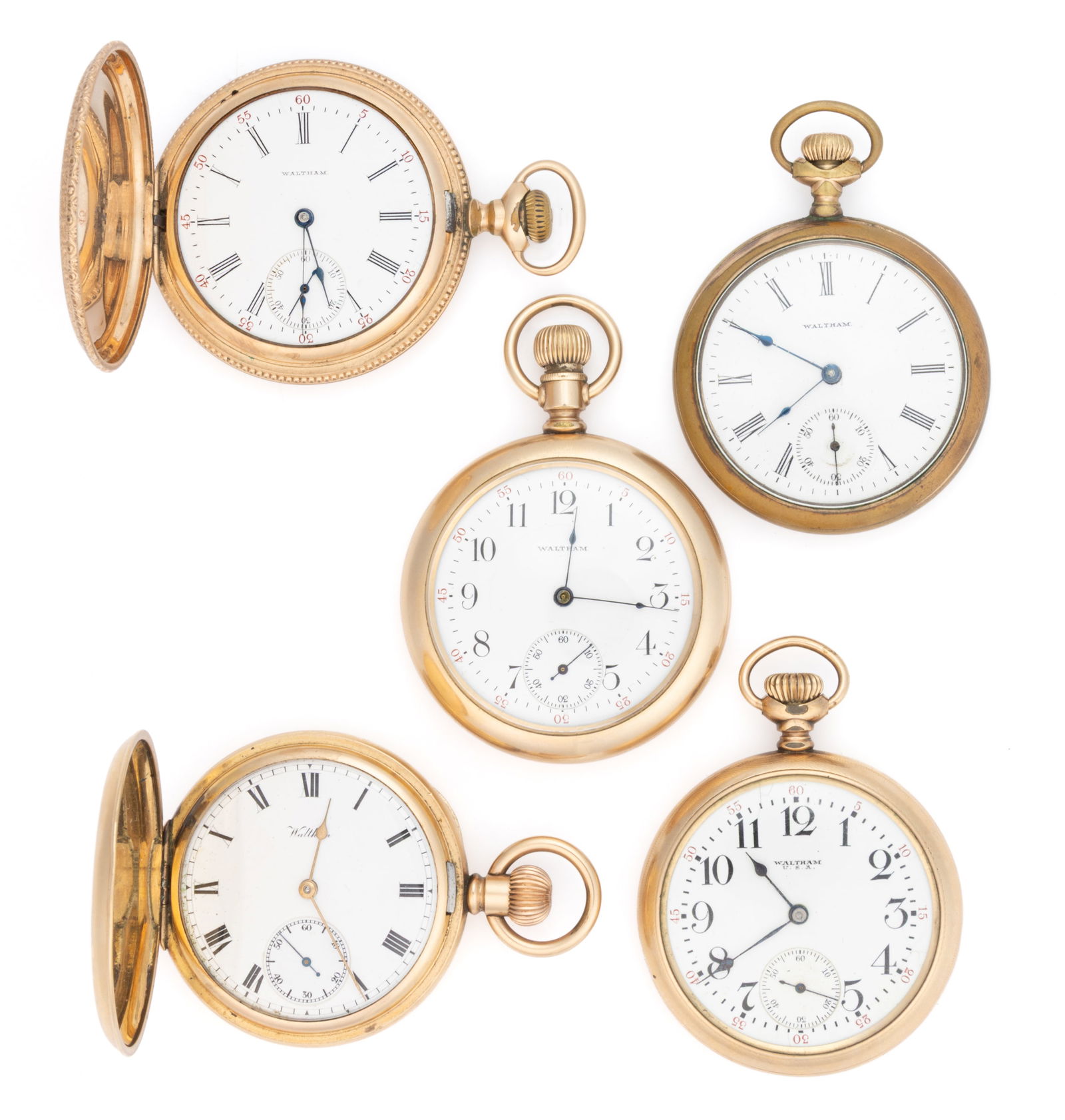 WALTHAM 15- AND 17-JEWEL MODEL 1899 AND 1908 POCKET WATCHES, LOT OF FIVE (1 of 2)