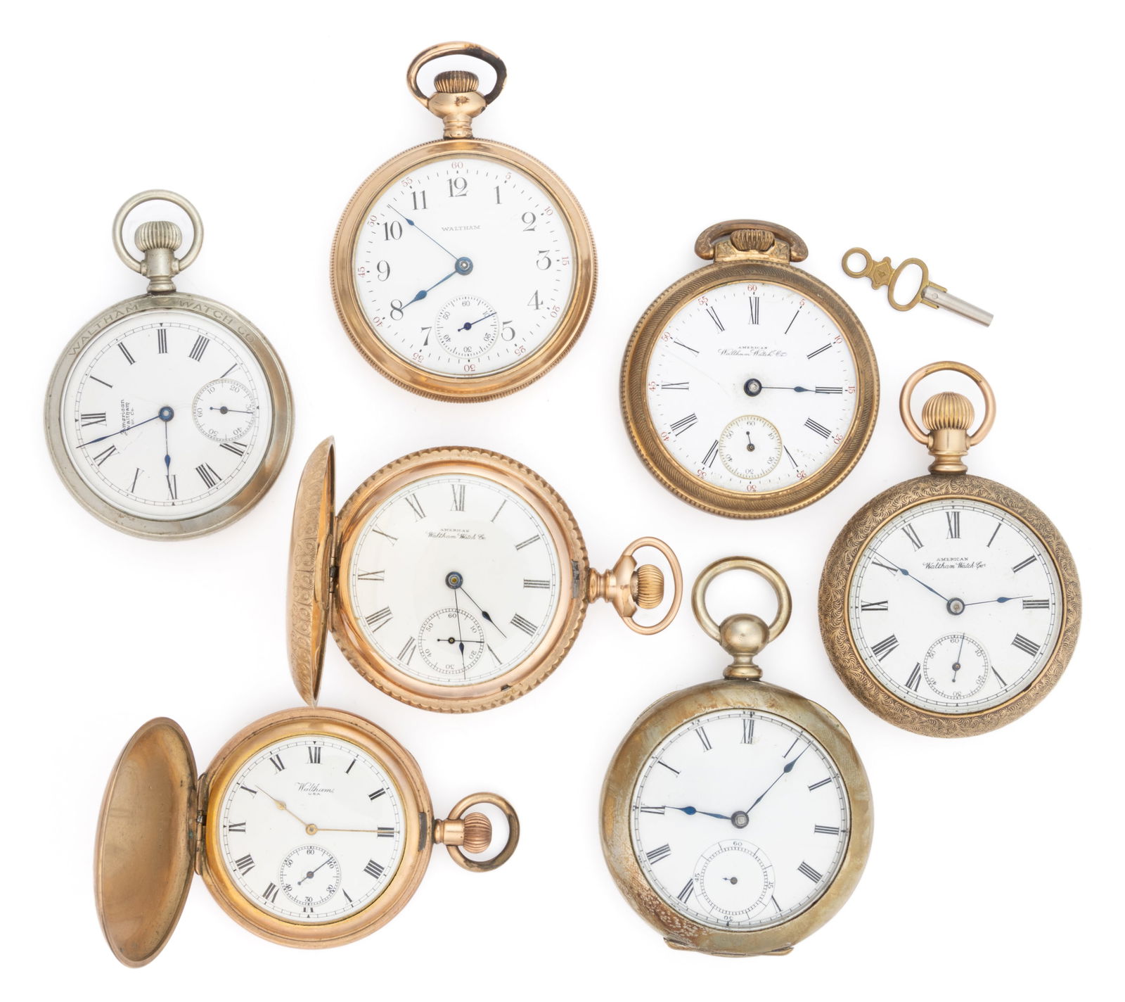 WALTHAM 7- AND 11-JEWEL, AND POSSIBLY OTHER, POCKET WATCHES, LOT OF SEVEN (1 of 2)