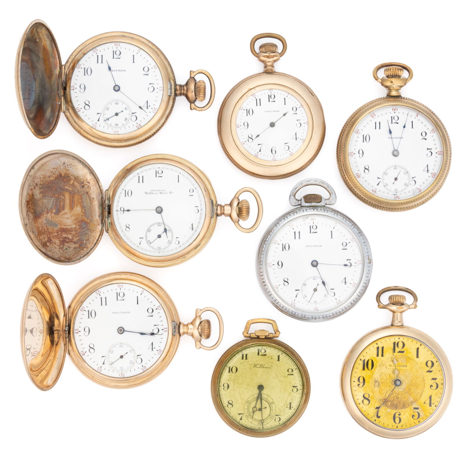 WALTHAM 7-, 11-, AND 15-JEWEL POCKET WATCHES, LOT OF EIGHT (1 of 2)