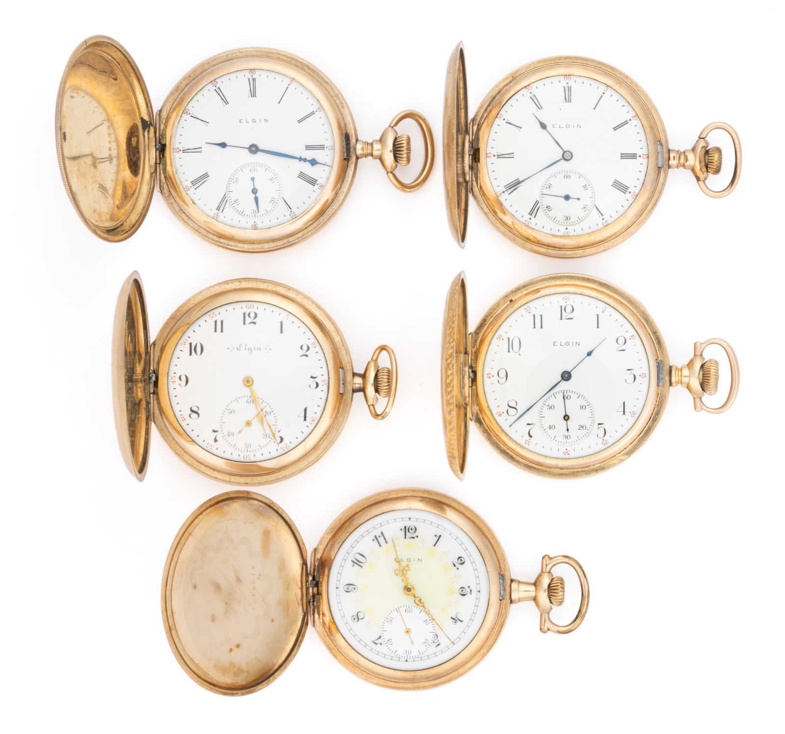 ELGIN 15- AND 17- JEWEL MODEL 2 POCKET WATCHES, LOT OF FIVE (1 of 2)