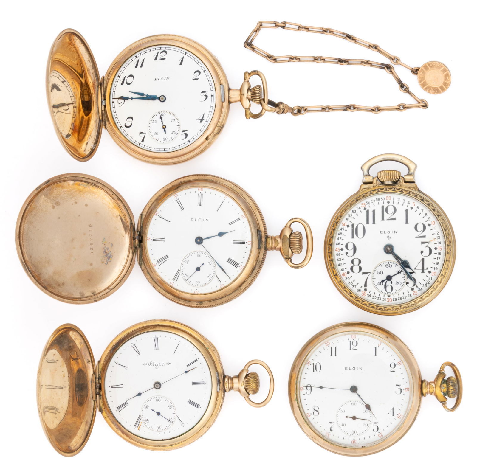 ELGIN 15- AND 17-JEWEL MODEL 6 AND 20 POCKET WATCHES, LOT OF FIVE (1 of 2)
