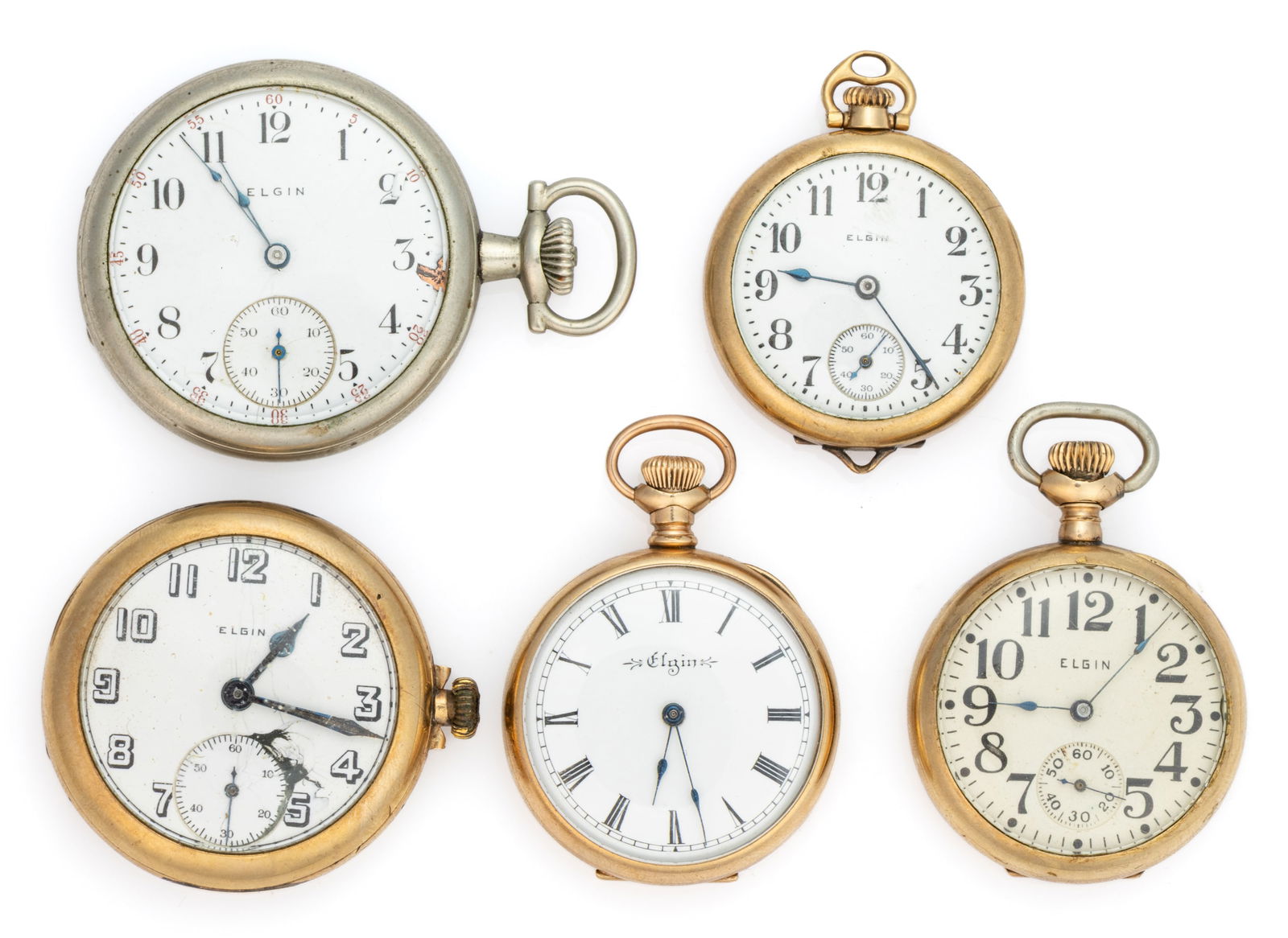 ELGIN 7- AND 15-JEWEL MODEL 1, 2, AND 3 LADY'S POCKET WATCHES, LOT OF FIVE (1 of 2)