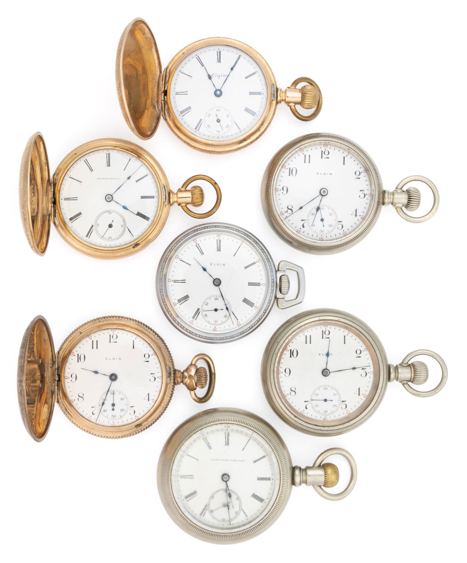 ELGIN 7-, 11-, 15-, AND 17-JEWEL MODEL 4 POCKET WATCHES, LOT OF SEVEN (1 of 2)