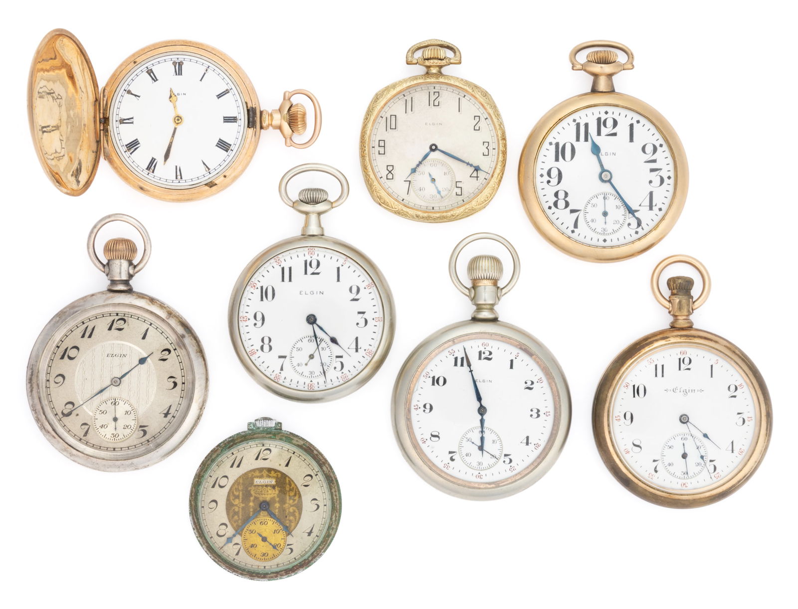 ELGIN 7- AND 15-JEWEL, AND POSSIBLY OTHER, POCKET WATCHES, LOT OF EIGHT (1 of 2)
