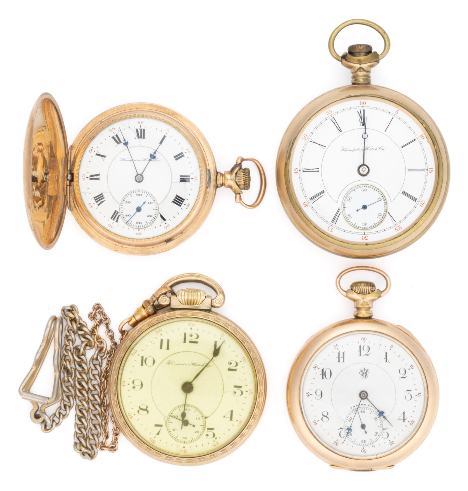 HAMPDEN 16- AND 17-JEWEL MODEL 3, 4, AND 5 POCKET WATCHES, LOT OF FOUR (1 of 2)