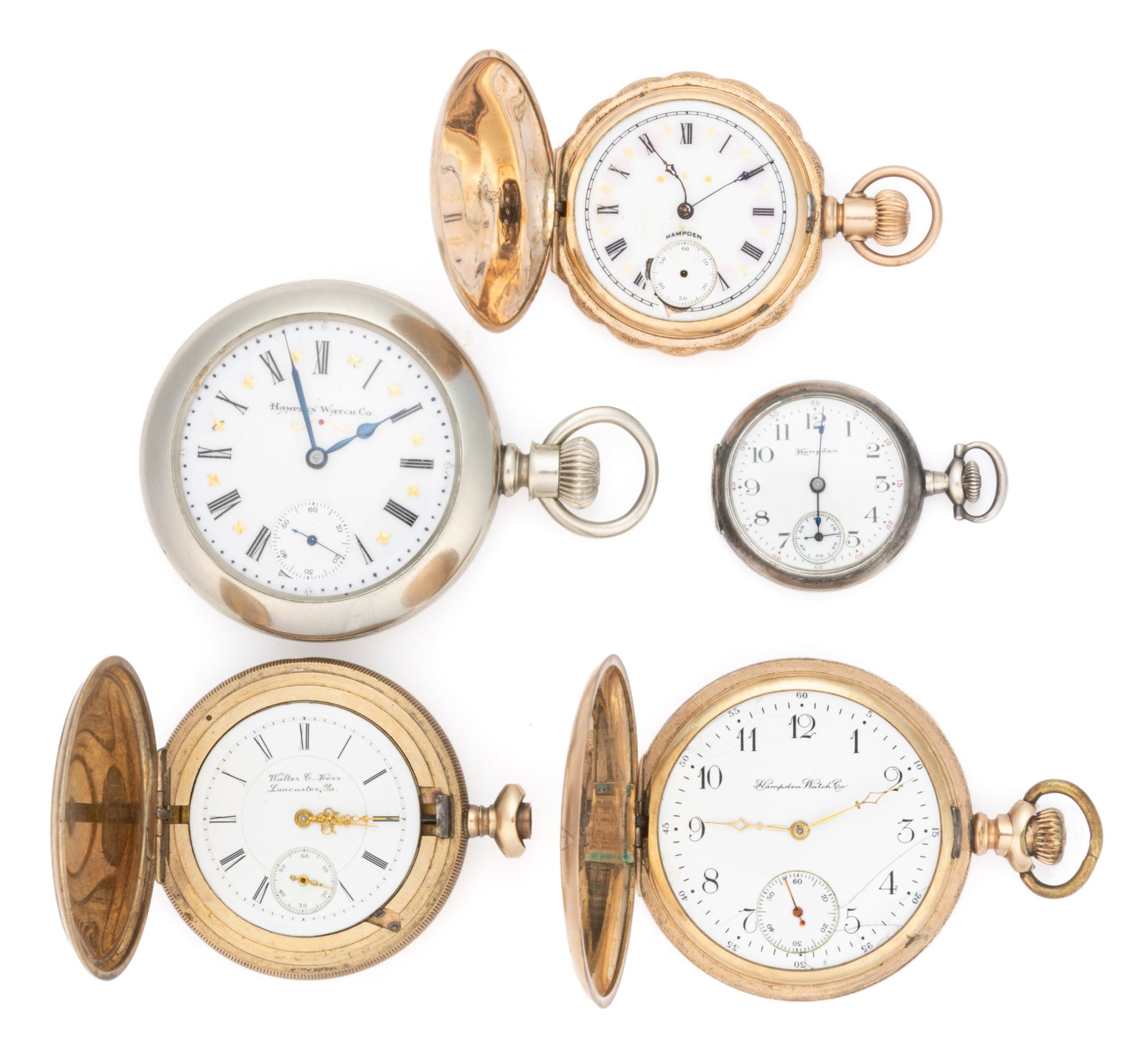 HAMPDEN 11- AND 15-JEWEL MODEL 2, 3, AND 4 POCKET WATCHES, LOT OF FIVE (1 of 2)