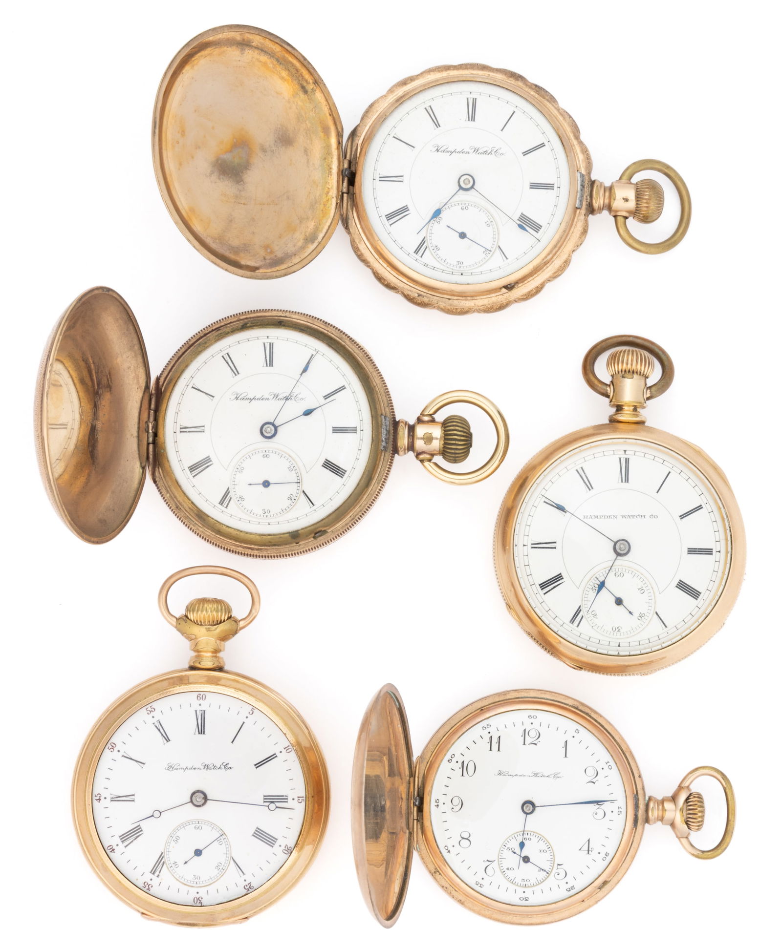 HAMPDEN 11- AND 15-JEWEL MODEL 2, 3, AND 4 POCKET WATCHES, LOT OF FIVE: HAMPDEN 11- AND 15-JEWEL MODEL 2, 3, AND 4 POCKET WATCHES, LOT OF FIVE, each with lever-set movement, having a white enamel dial with Arabic or Roman chapter ring, sunk seconds subsidiary, a
